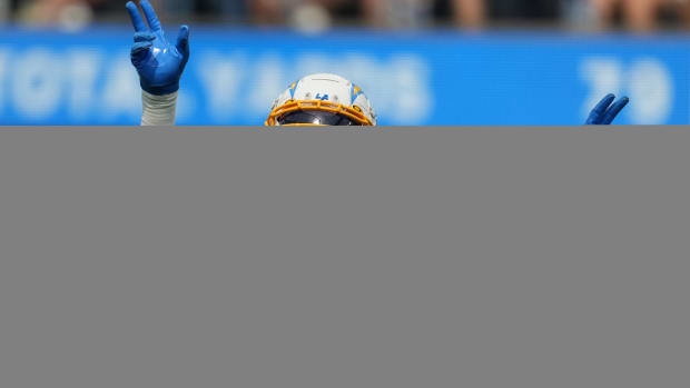 Sep 11, 2022; Inglewood, California, USA; Los Angeles Chargers linebacker Khalil Mack (52) reacts against the Los Angeles Chargers in the first half at SoFi Stadium. Mandatory Credit: Kirby Lee-USA TODAY Sports